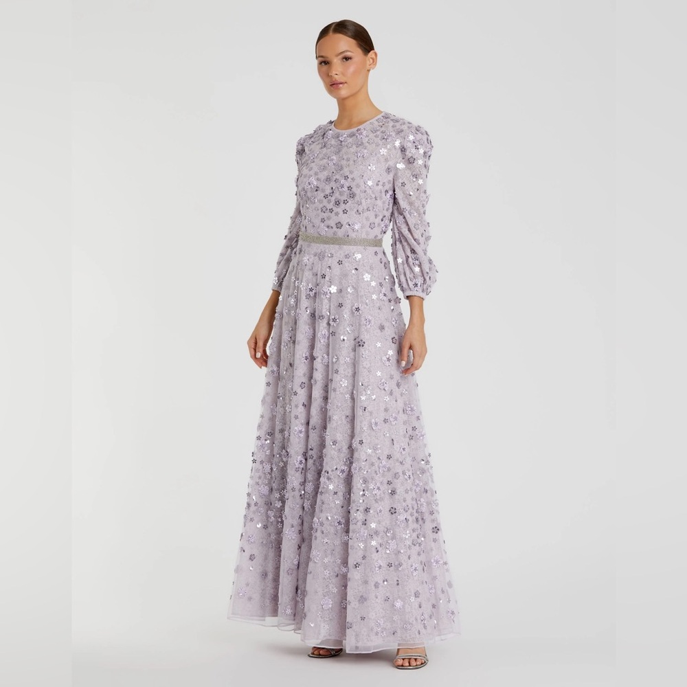 NWT $698 MAC DUGGAL Floral Applique Puff Sleeve High Neck A-Line Gown DRESS